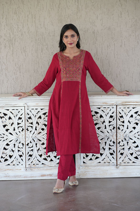 Red Cotton Applique Ajrakh Kurta