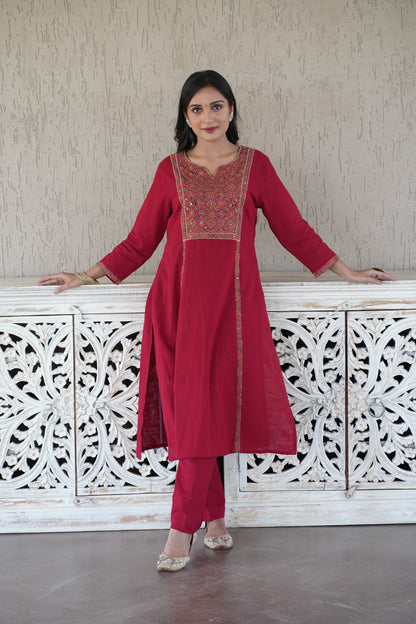 Red Ajrakh patched Cotton slub Kurta Pant