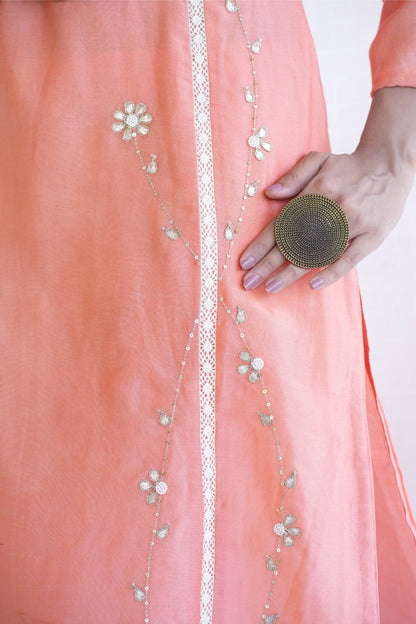 Peach Chanderi Lace Work Gotta Patti Kurta And Pant