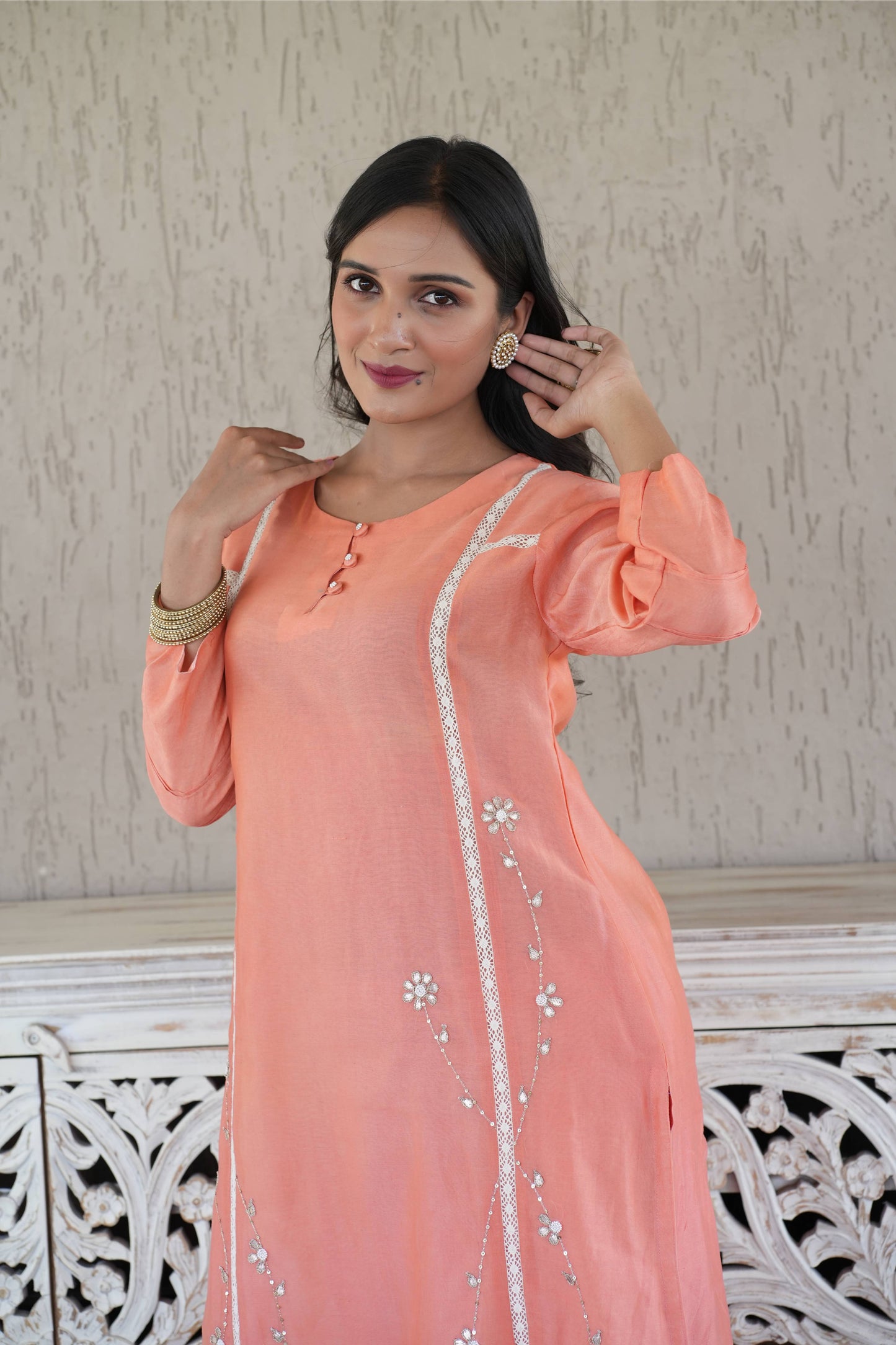 Peach Chanderi Lace Work Gotta Patti Kurta And Pant