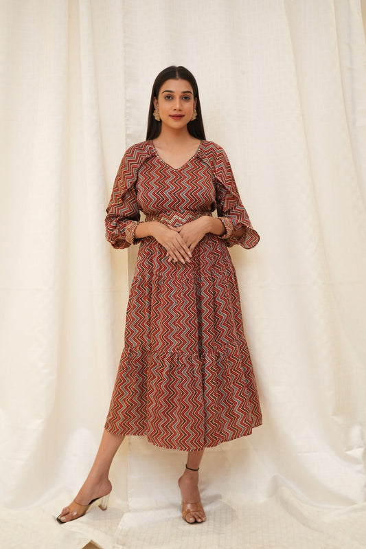 Red Zigzag ajrakh sequence embellished petal sleeve tier dress