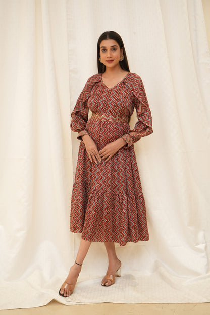 Red Zigzag ajrakh sequence embellished petal sleeve tier dress