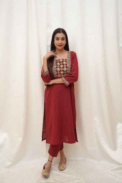 Rust patch work kurta