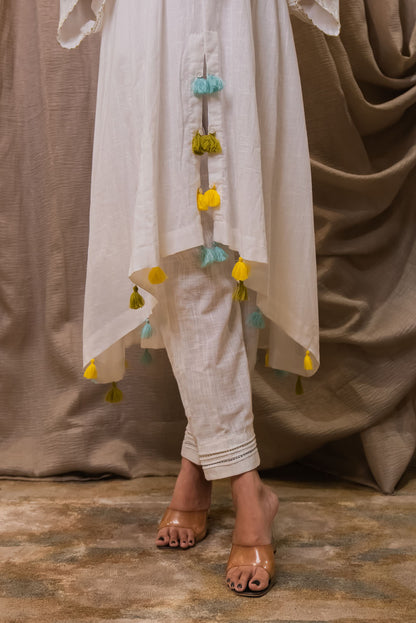 White Embroidered Tassel Cape And Pant