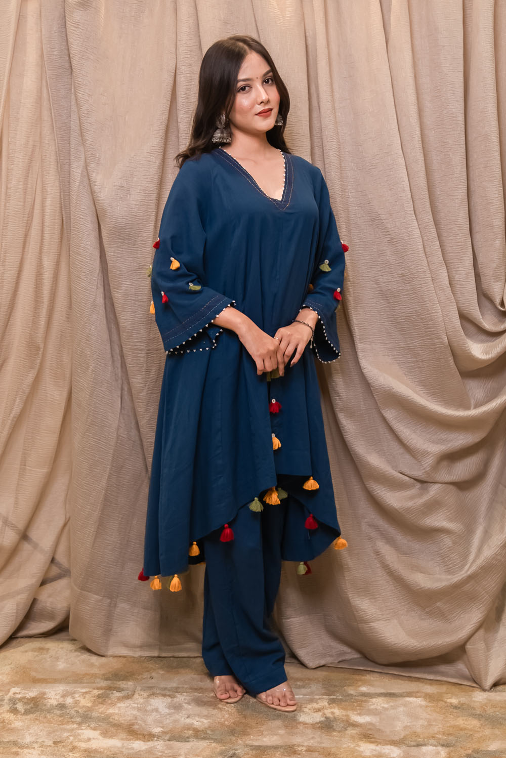 Blue Embroidered Tassel Cape And Pant