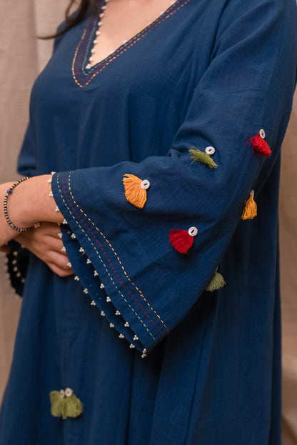 Blue Embroidered Tassel Cape And Pant