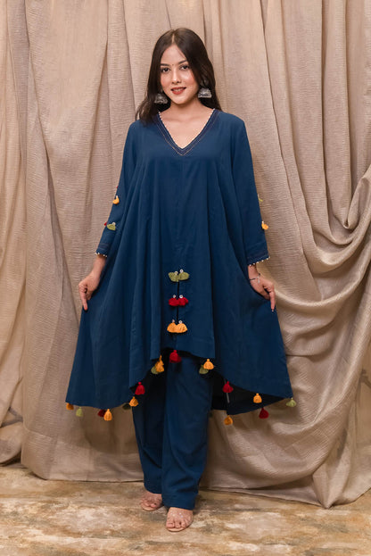 Blue Embroidered Tassel Cape And Pant