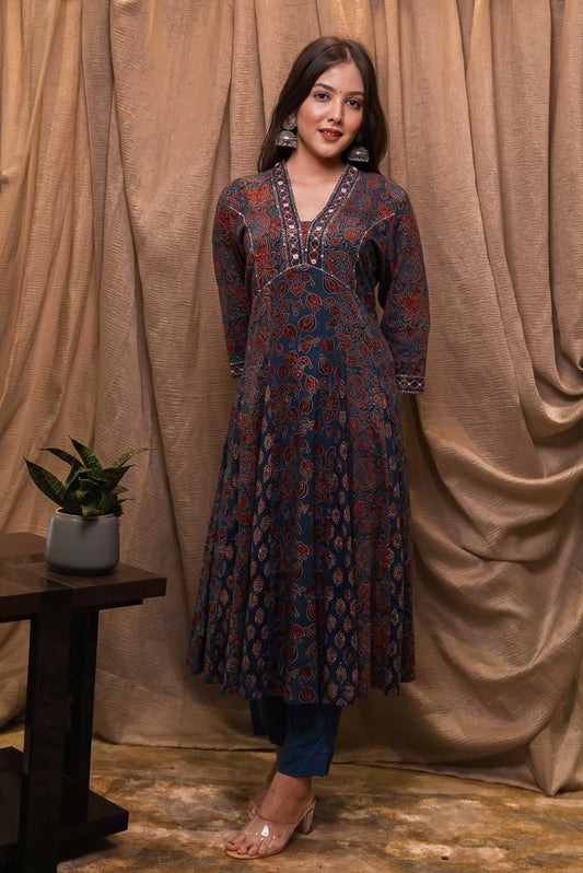 Blue Ajrakh Kali Kurta