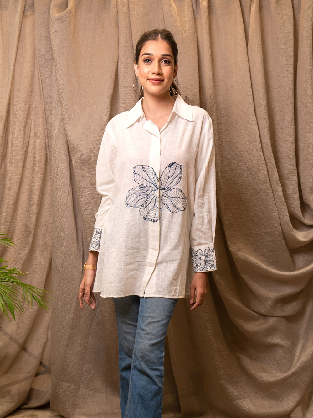 White Floral Embroidered Shirt