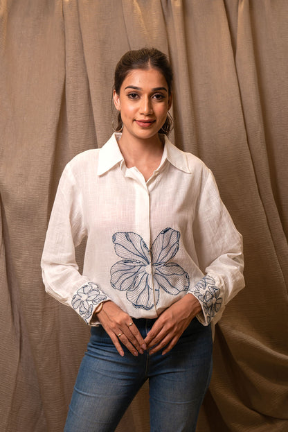 White Floral Embroidered Shirt