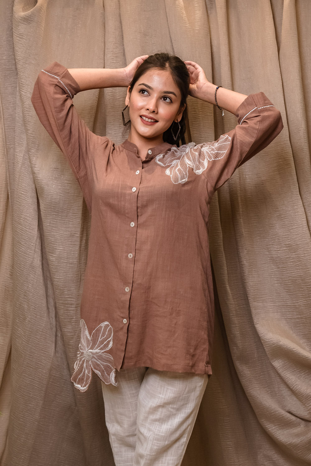 Beige Embroidered Floral Shirt