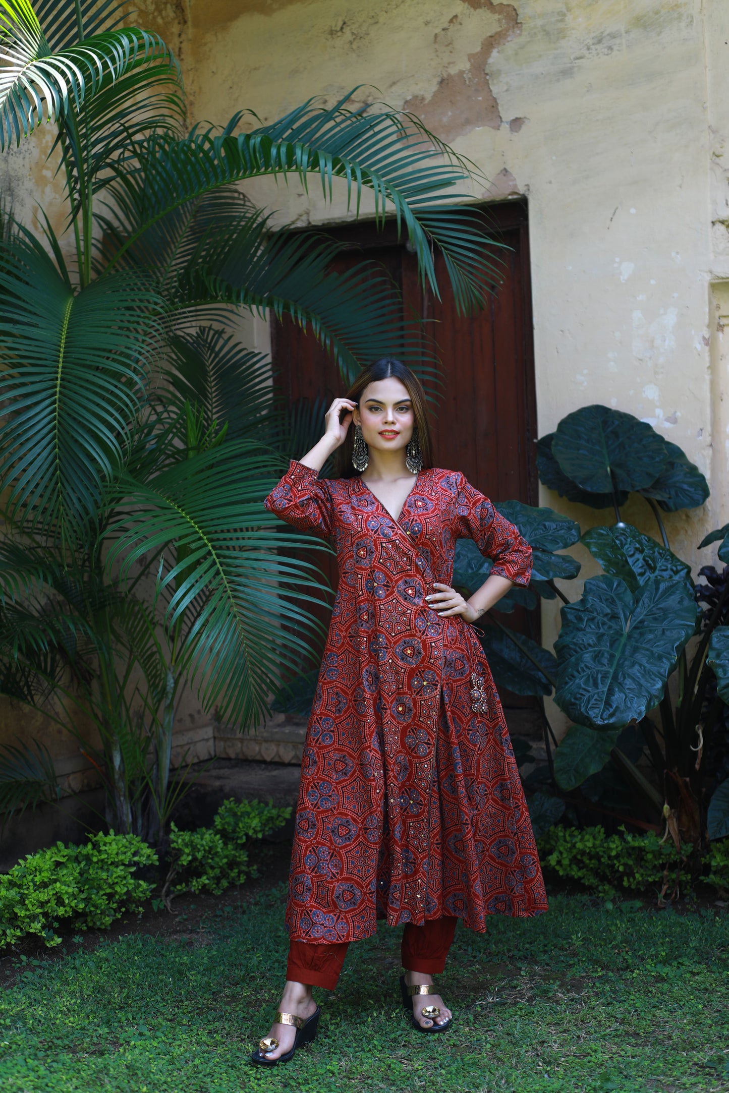 Red ajrakh Angarkha style suitset
