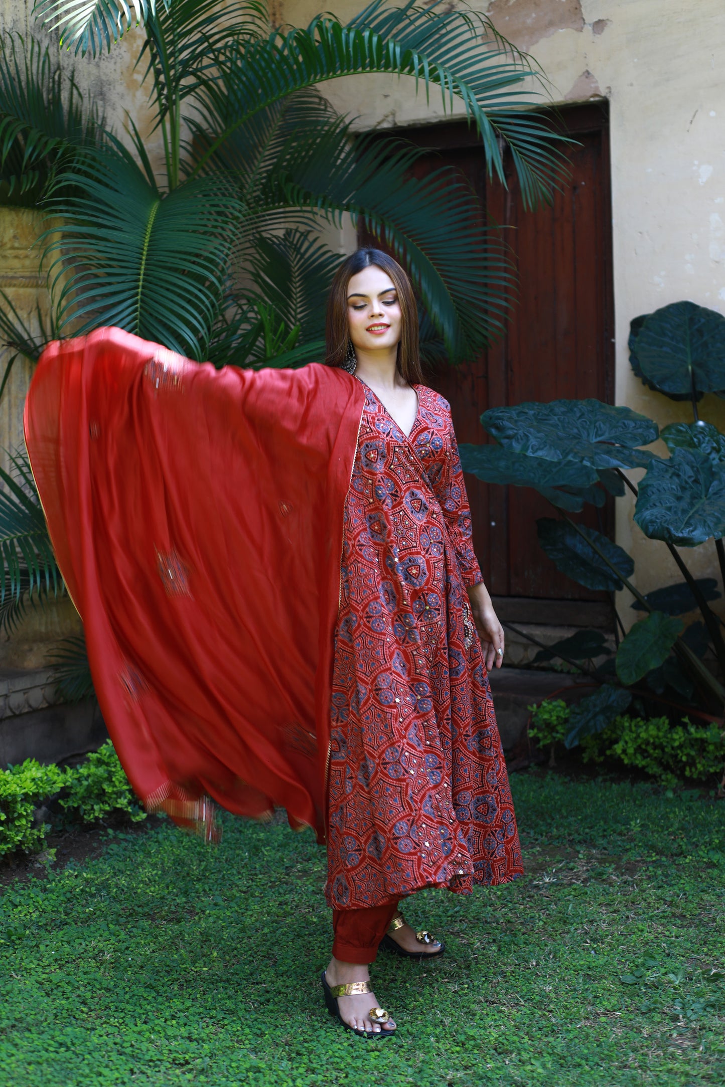 Red ajrakh Angarkha style suitset