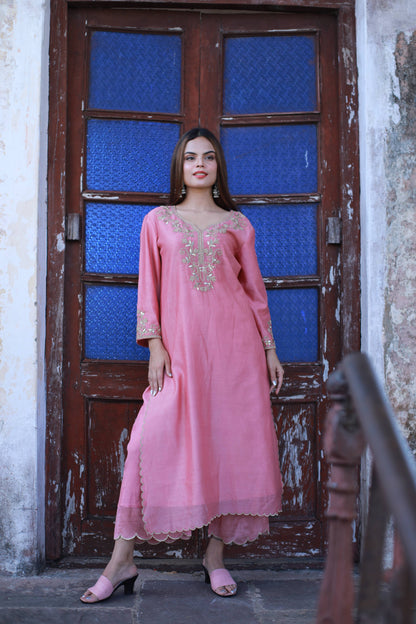 Rose Gold Beaded Chanderi Suit Set