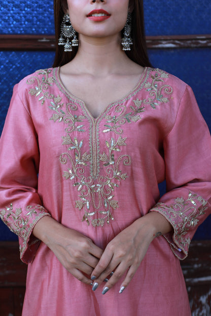 Rose Gold Beaded Chanderi Suit Set