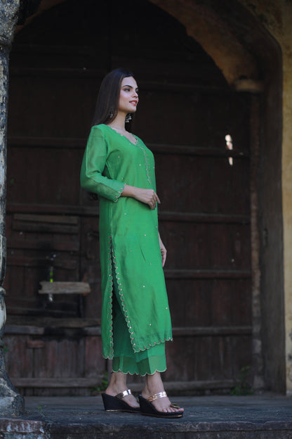 Parrot green sequence embellished chanderi suitset