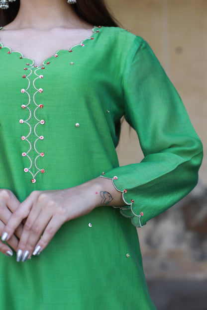 Parrot green sequence embellished chanderi suitset