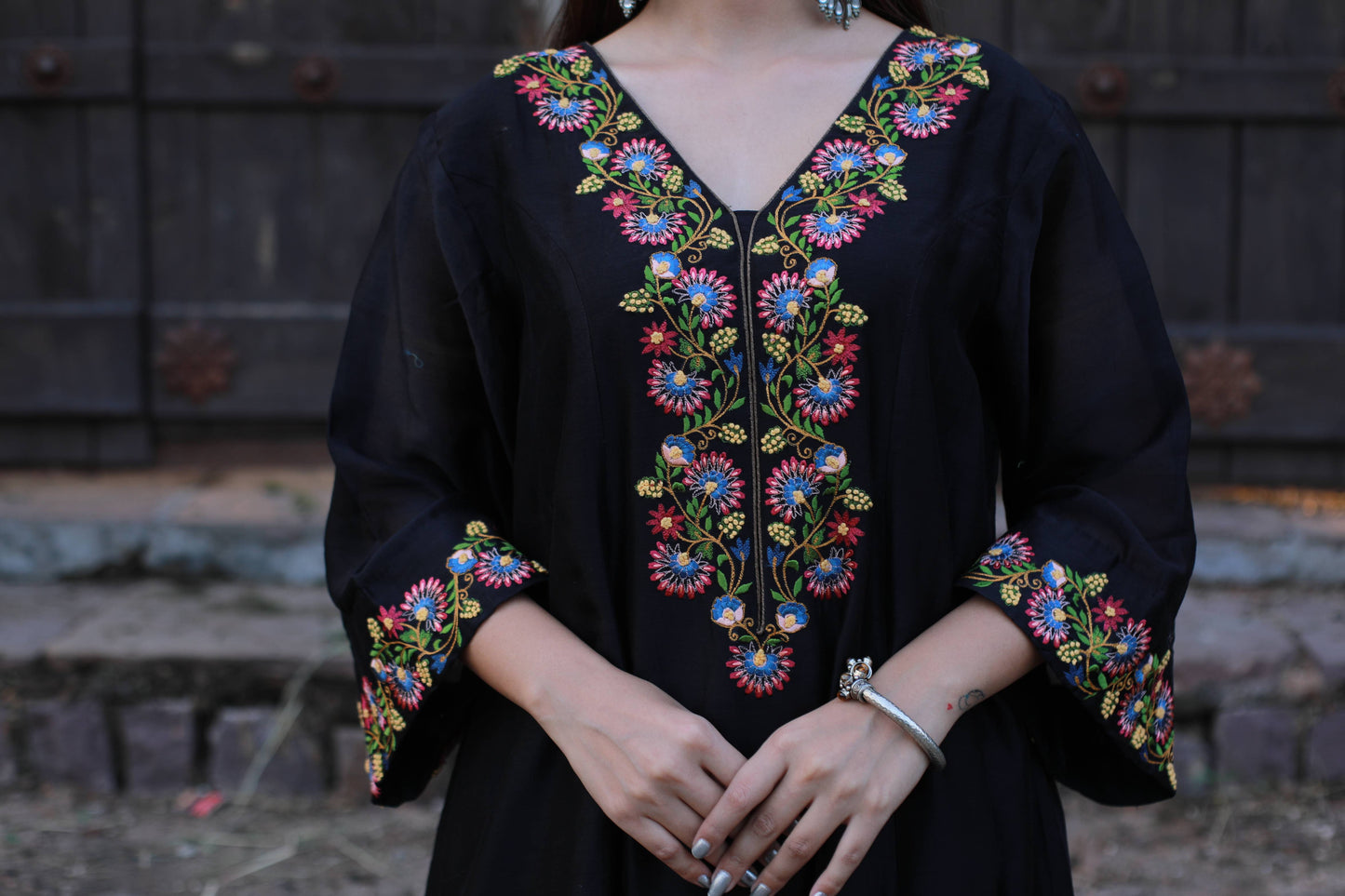 Black Silk Floral Embroidered Chanderi Suit Set