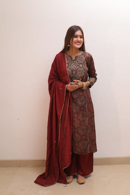 Black Maroon ajrakh print Modal Zari zardozi embellished suit set
