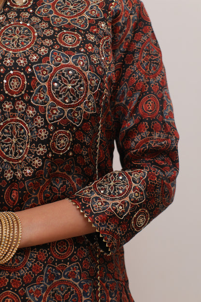 Black Maroon ajrakh print Modal Zari zardozi embellished suit set