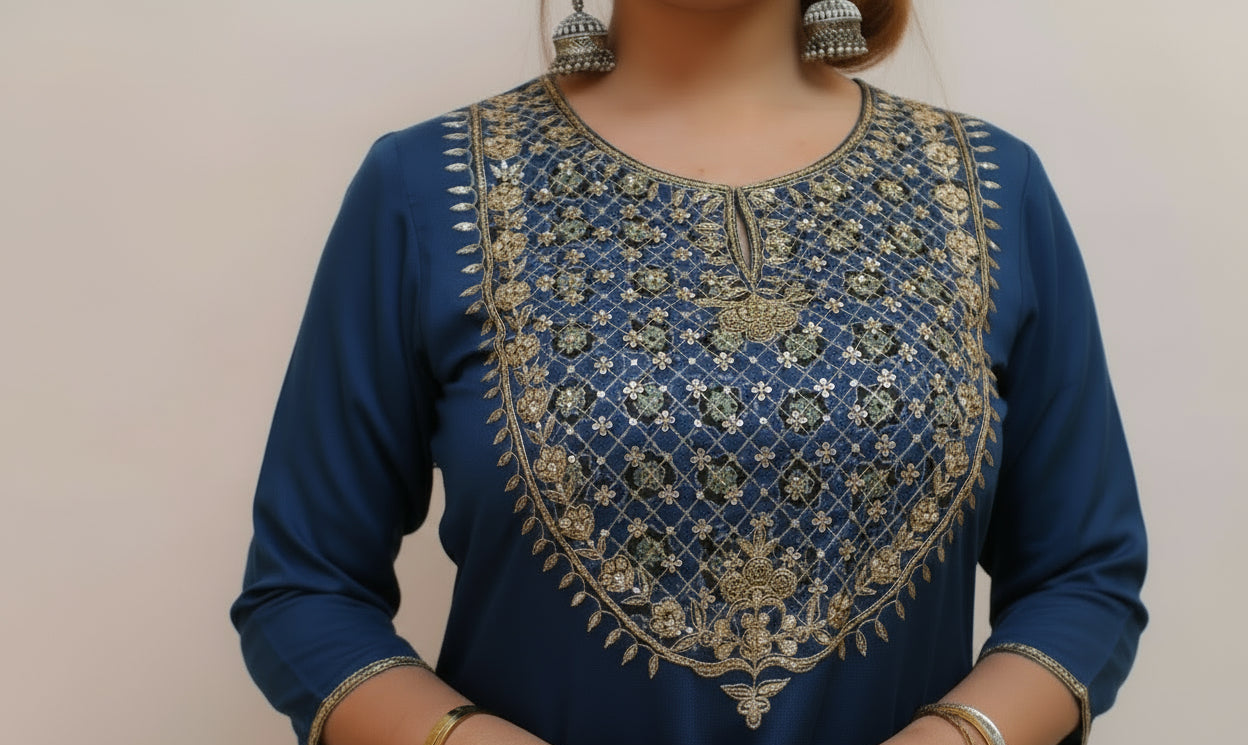 Blue Modal zari sequence embelished suitset