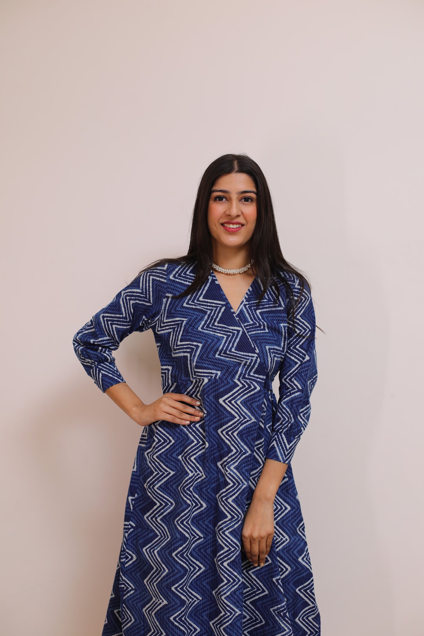 Indigo zigzag Katha Cotton Dress