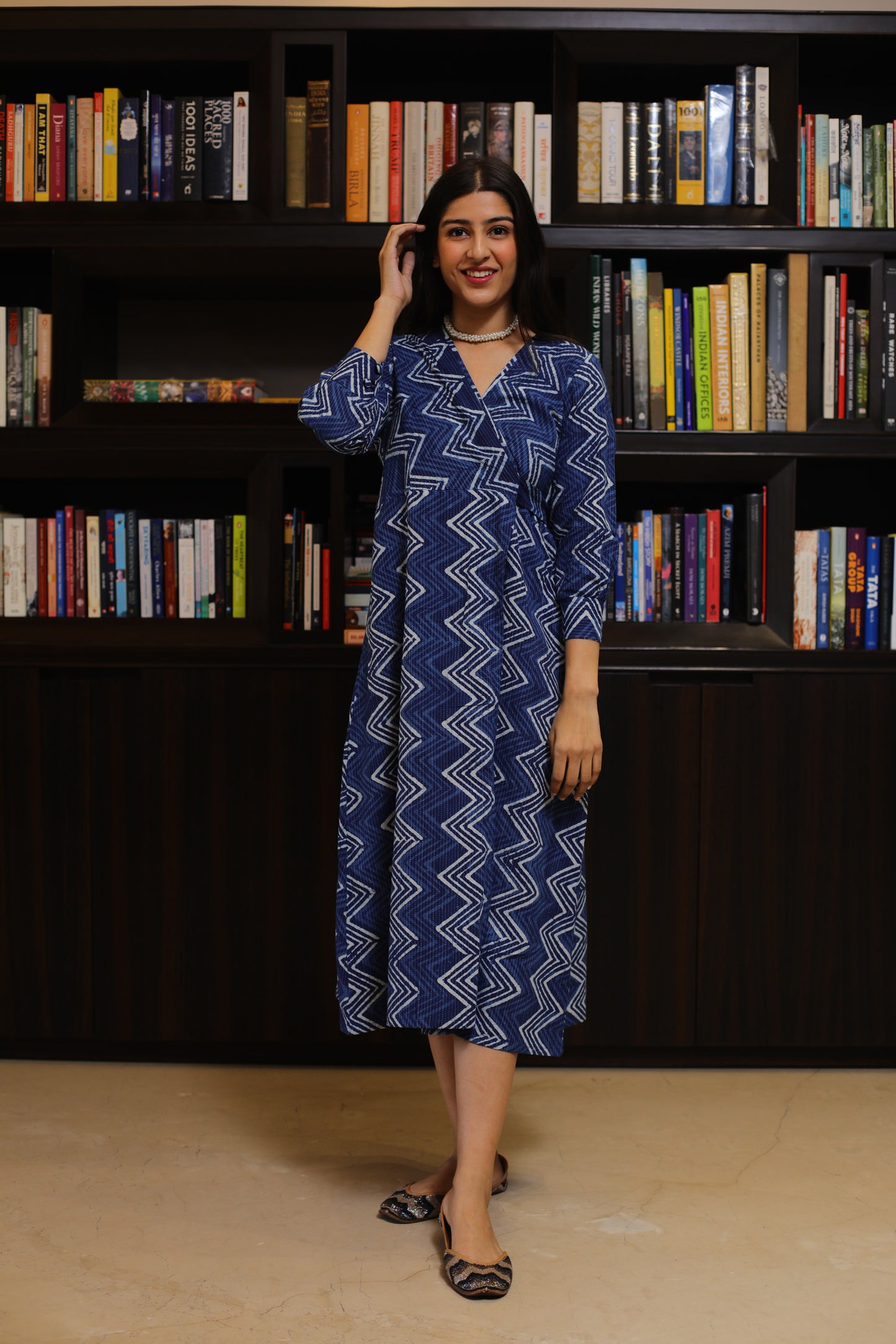 Indigo zigzag Katha Cotton Dress
