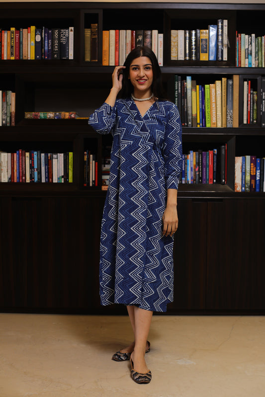 Indigo zigzag Katha Cotton Dress