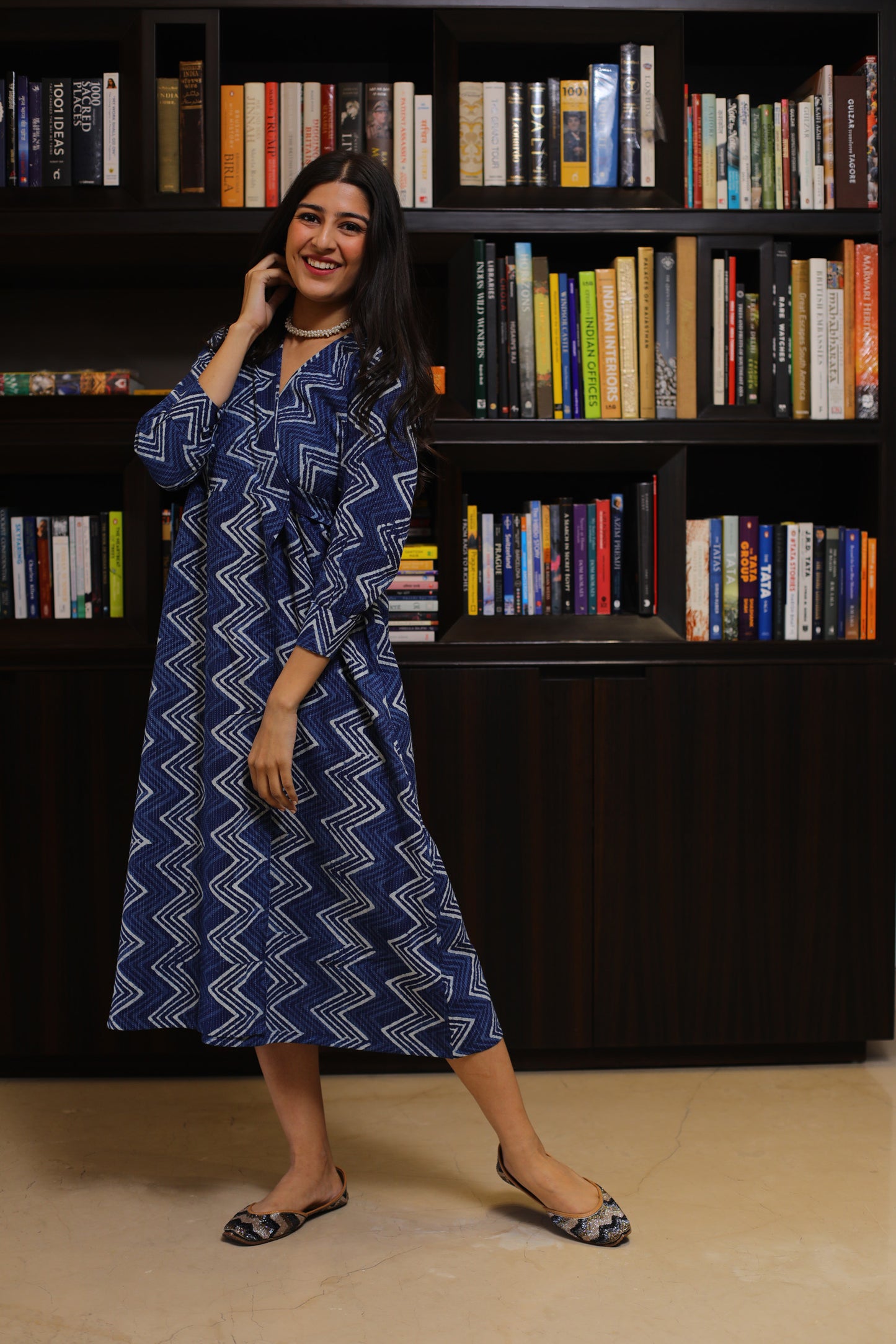 Indigo zigzag Katha Cotton Dress