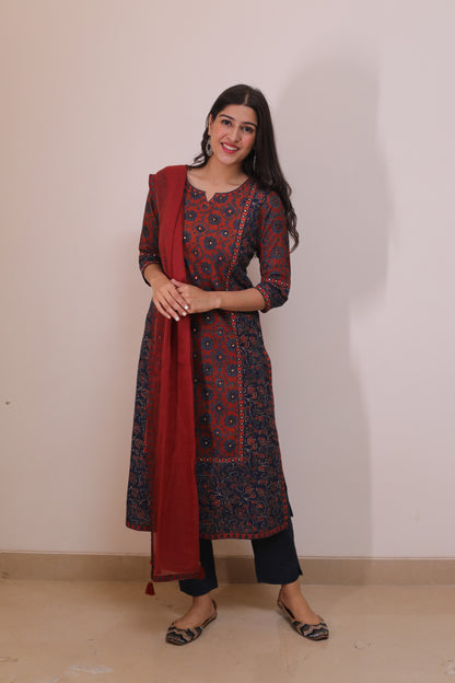 Red blue ajrakh suit with sequence embellishments