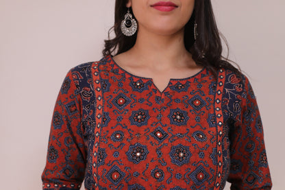 Red blue ajrakh suit with sequence embellishments