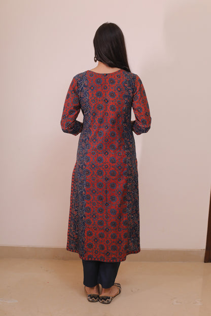 Red blue ajrakh suit with sequence embellishments