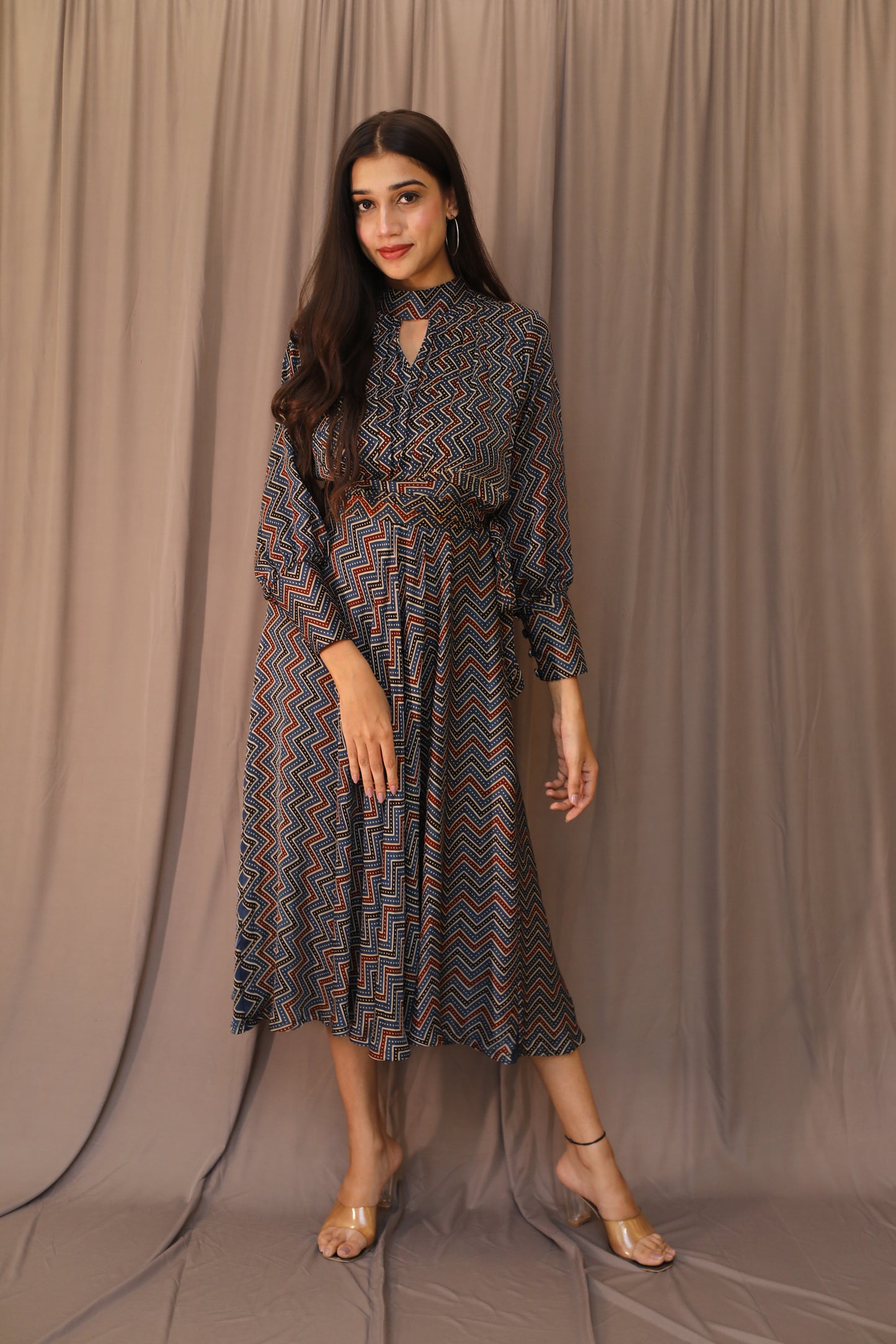 Blue Zigzag high neck Modal Dress