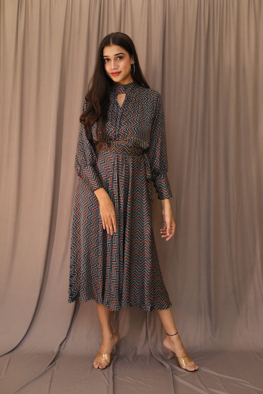 Blue Zigzag high neck Modal Dress