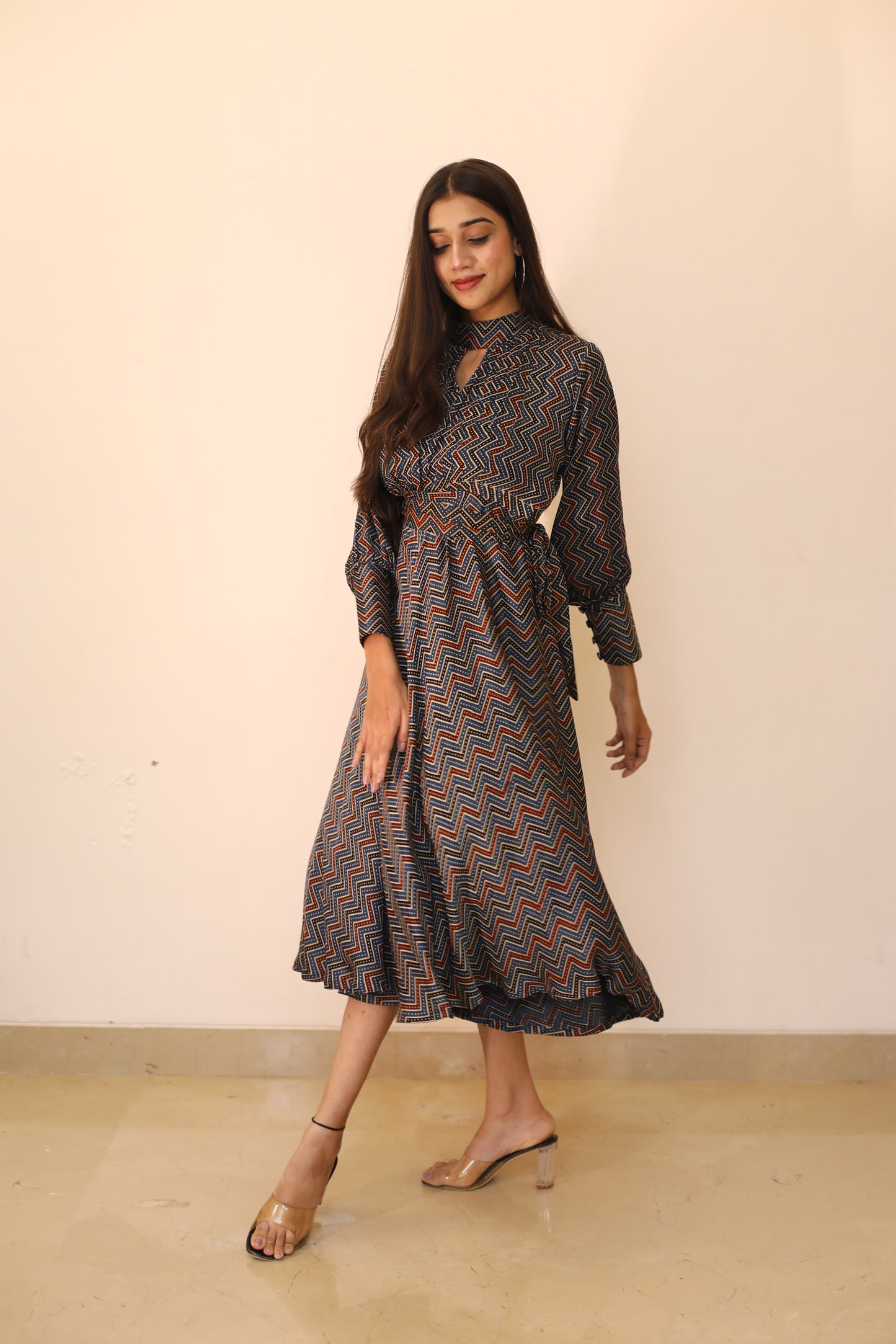 Blue Zigzag high neck Modal Dress