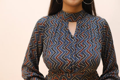 Blue Zigzag high neck Modal Dress
