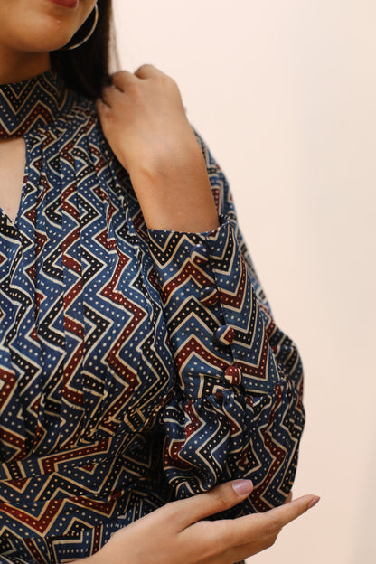 Blue Zigzag high neck Modal Dress