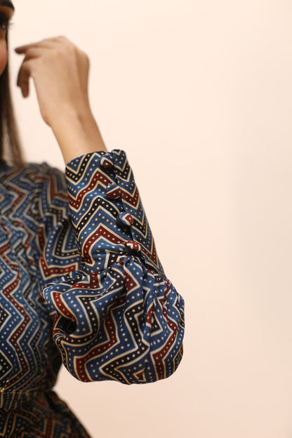 Blue Zigzag high neck Modal Dress