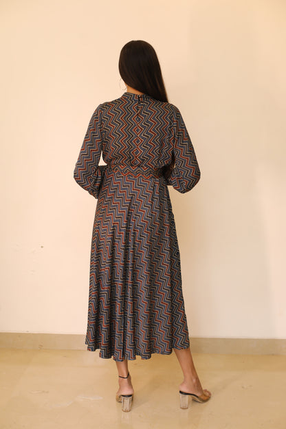 Blue Zigzag high neck Modal Dress