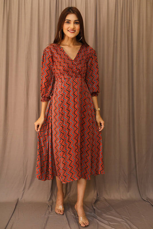 Zigzag yoke Pleated Modal Dress