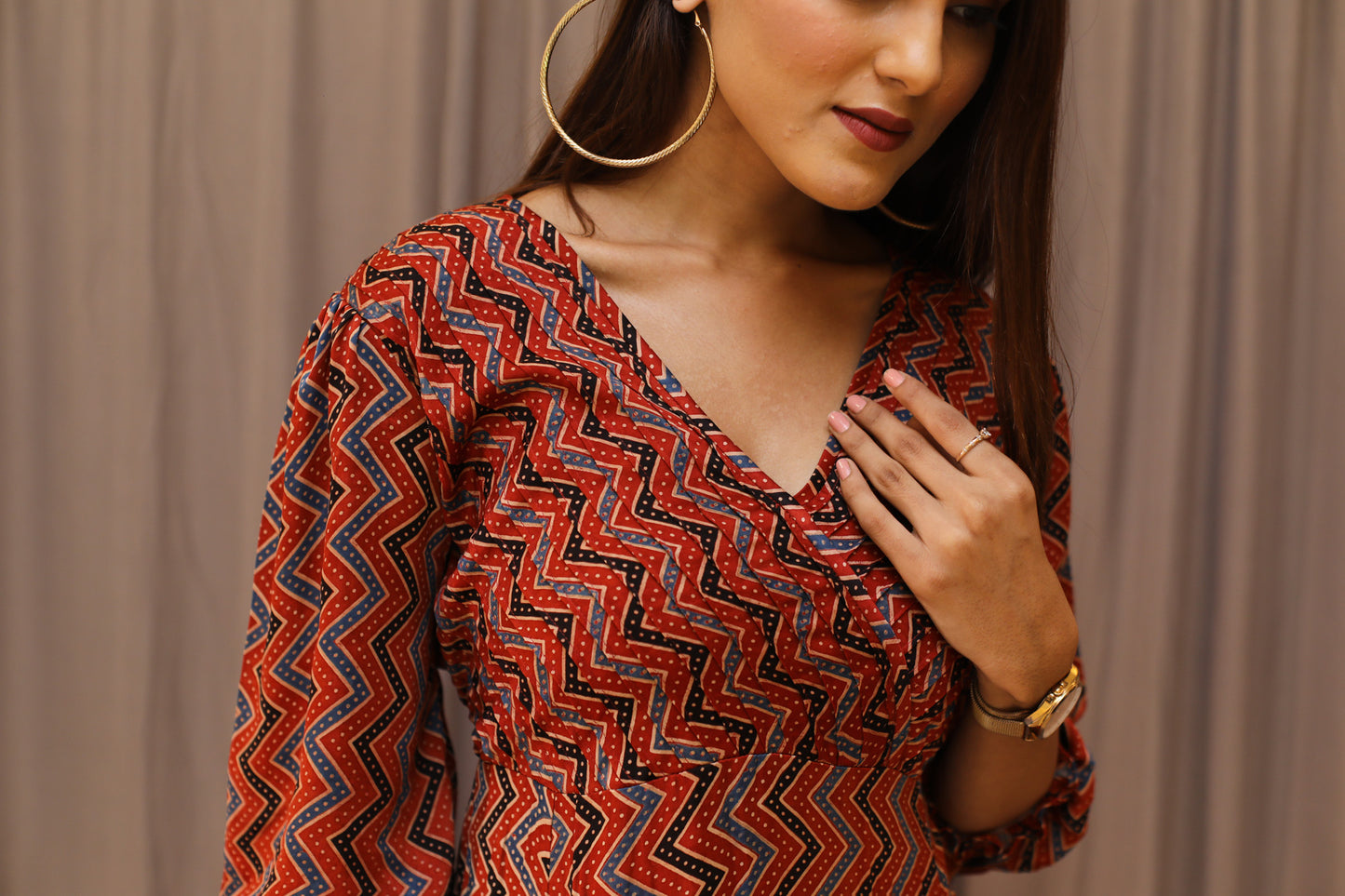 Zigzag yoke Pleated Modal Dress