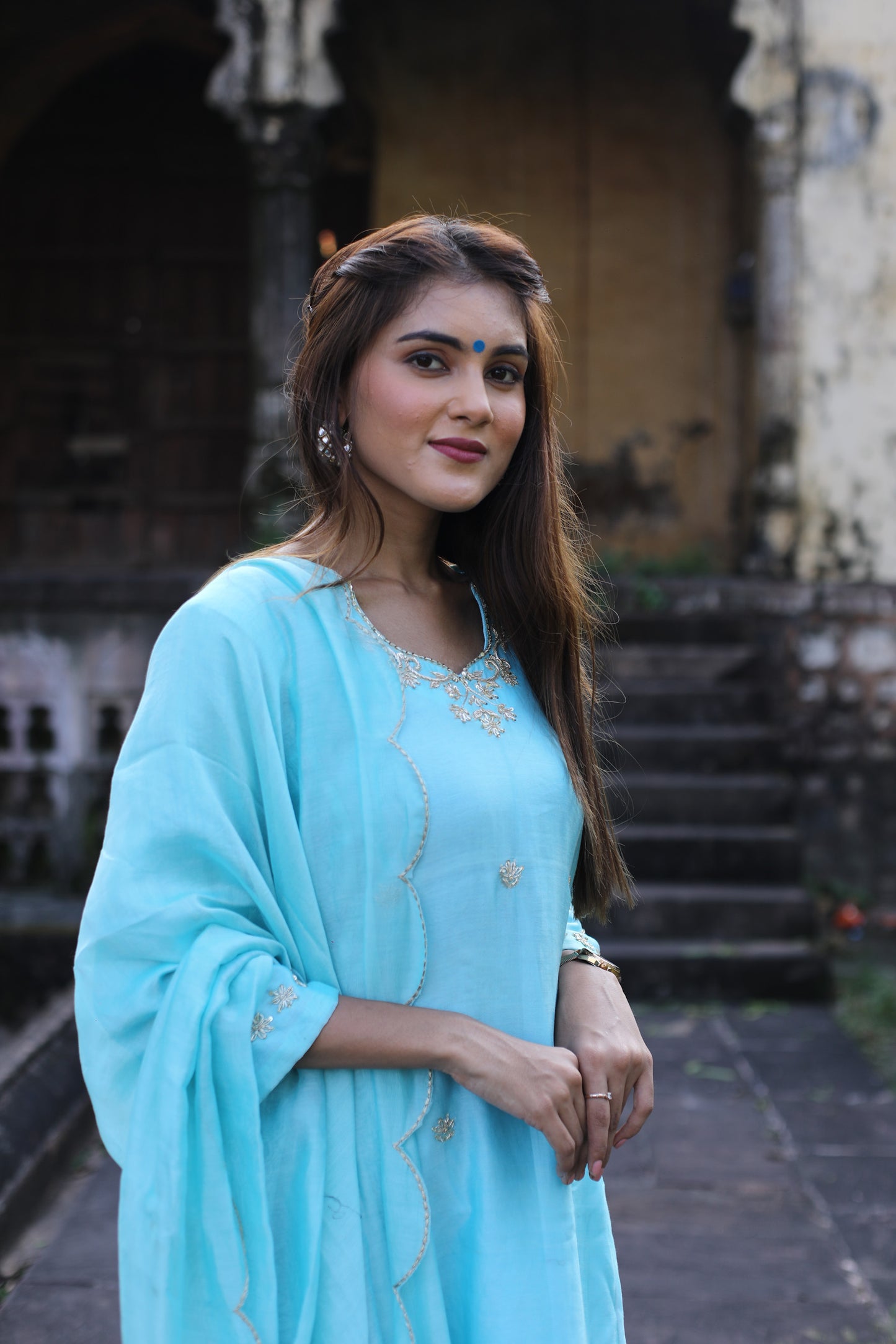 Sky blue Chanderi Zardozi suitset