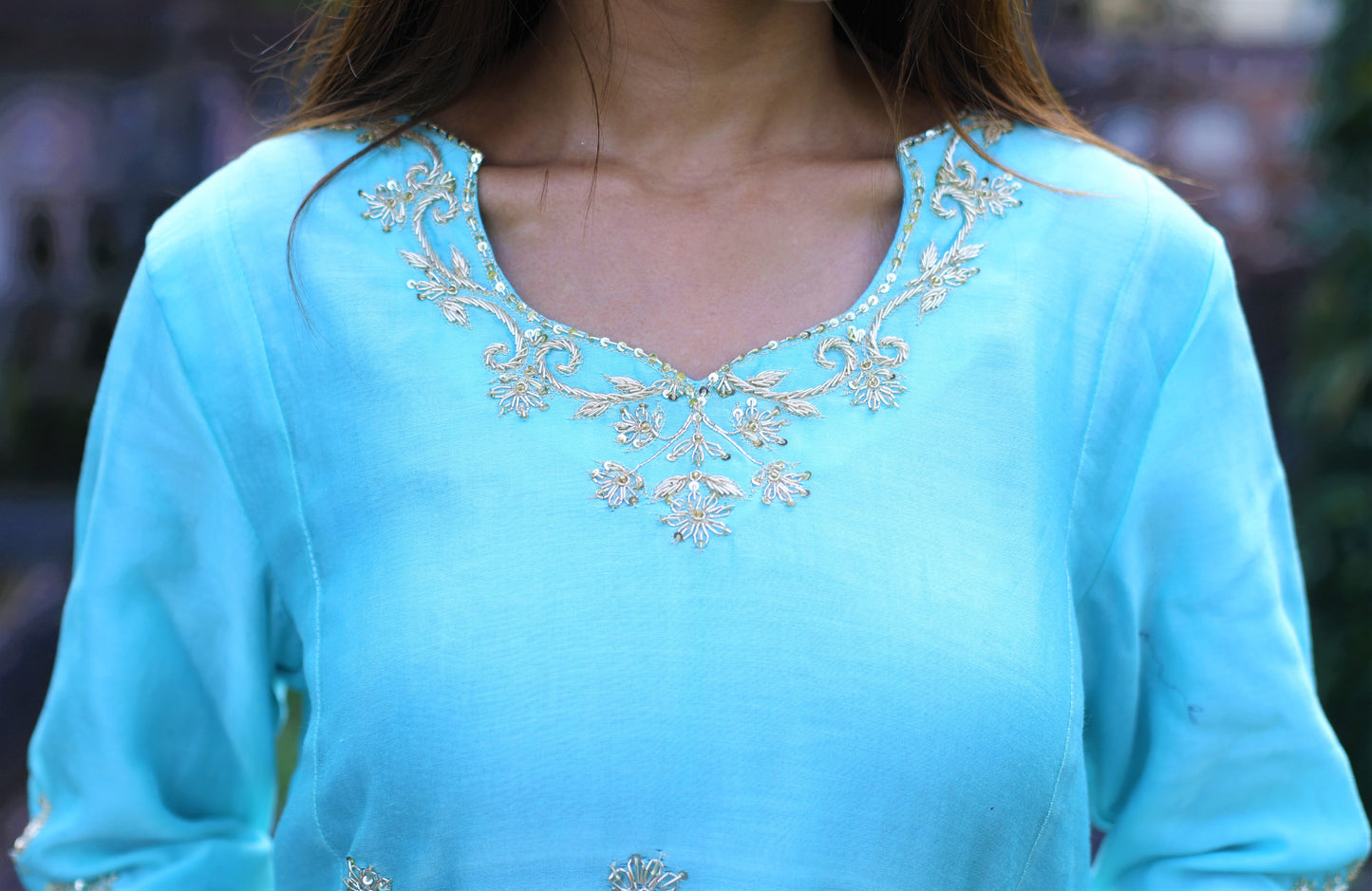 Sky blue Chanderi Zardozi suitset