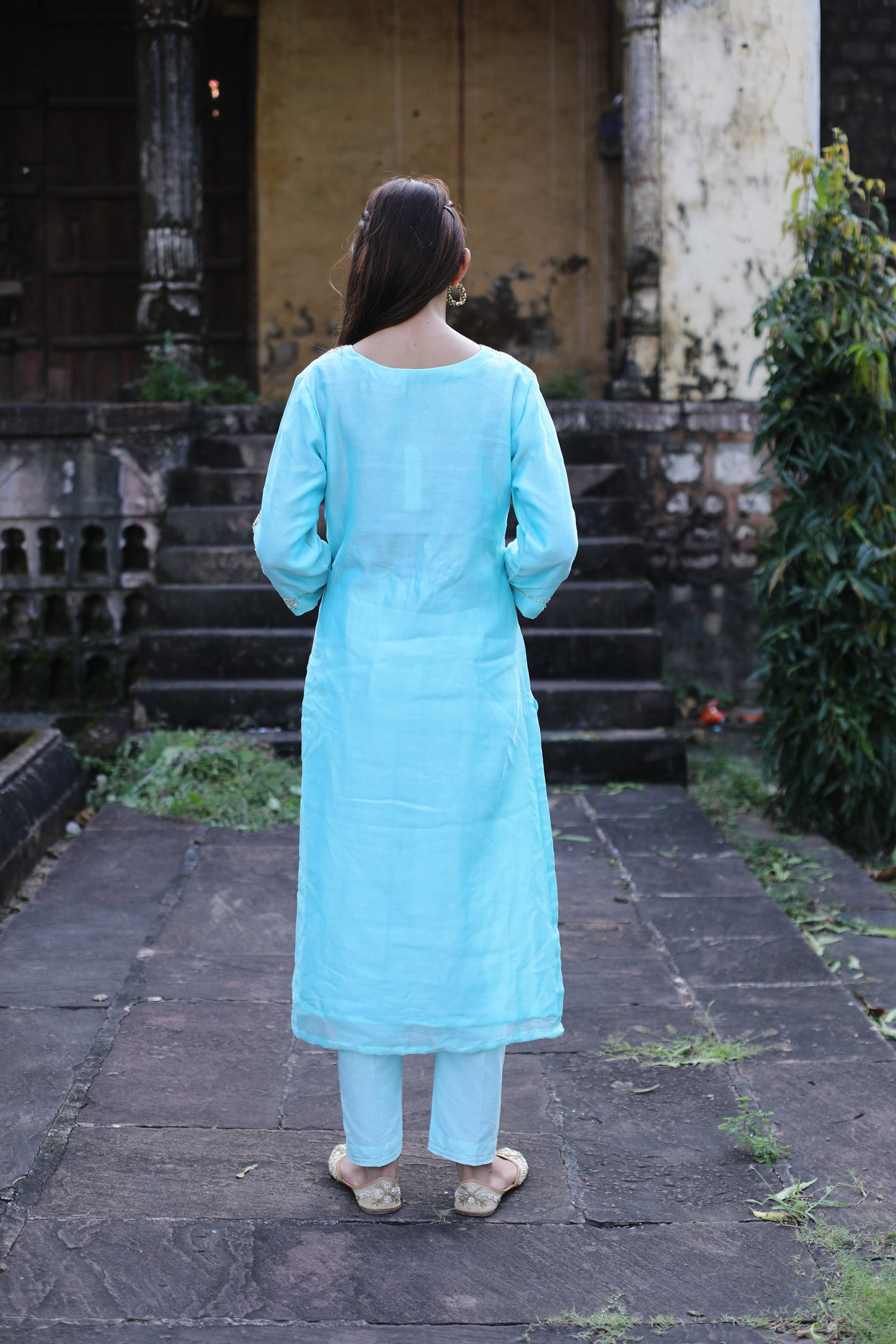 Sky blue Chanderi Zardozi suitset