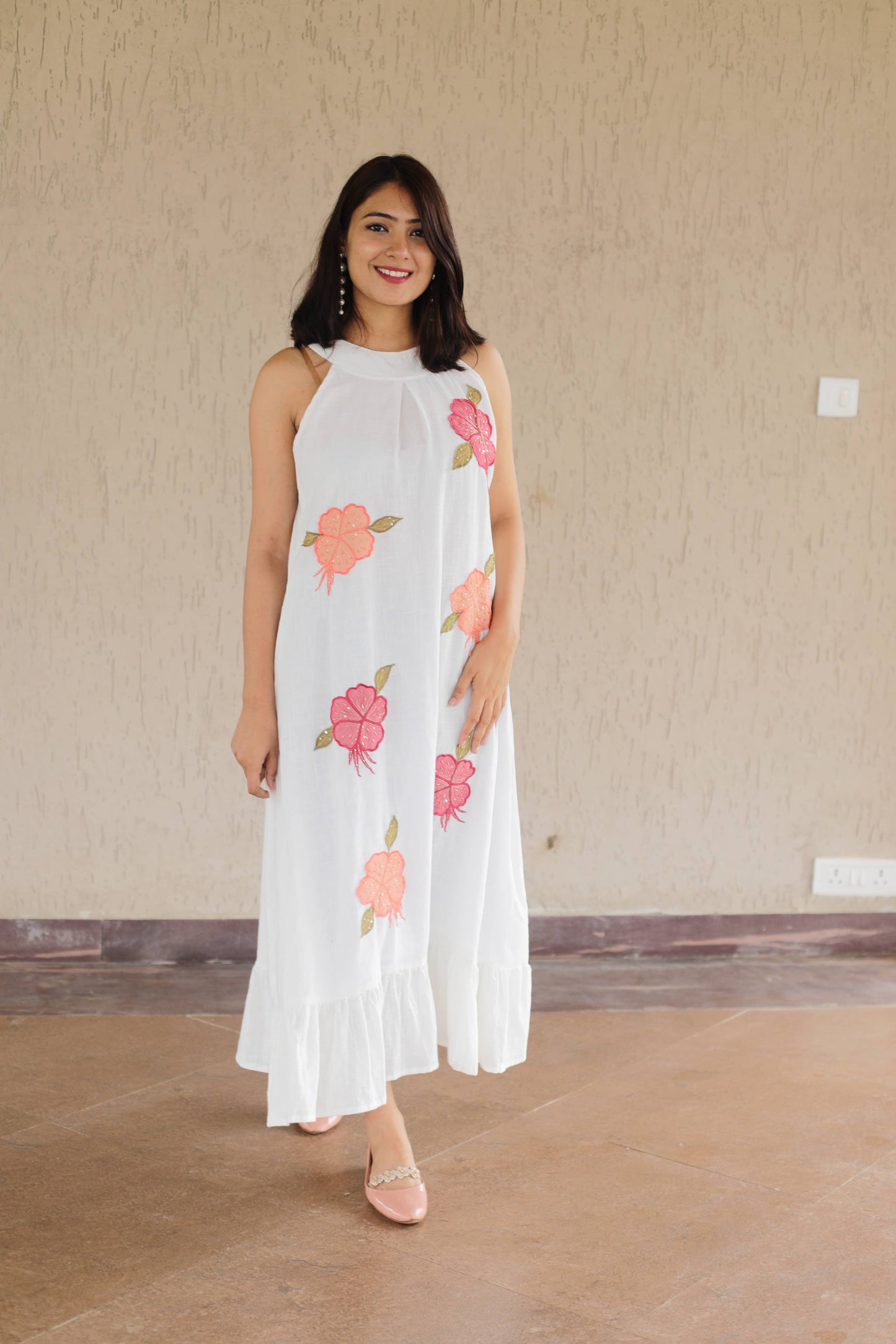 White Floral Cotton Slub Patched Dress