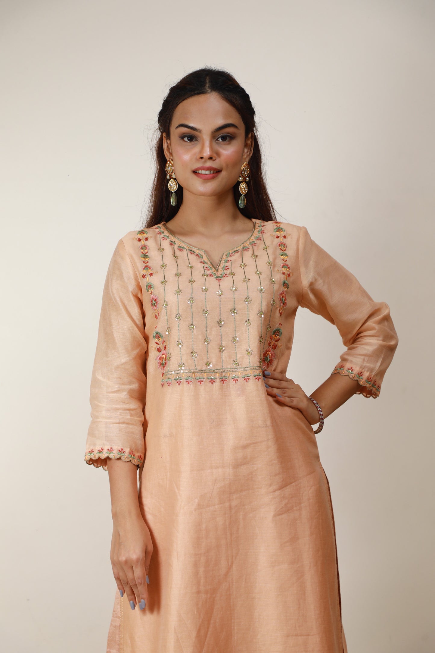 Light Peach chanderi suit with silk embroidery