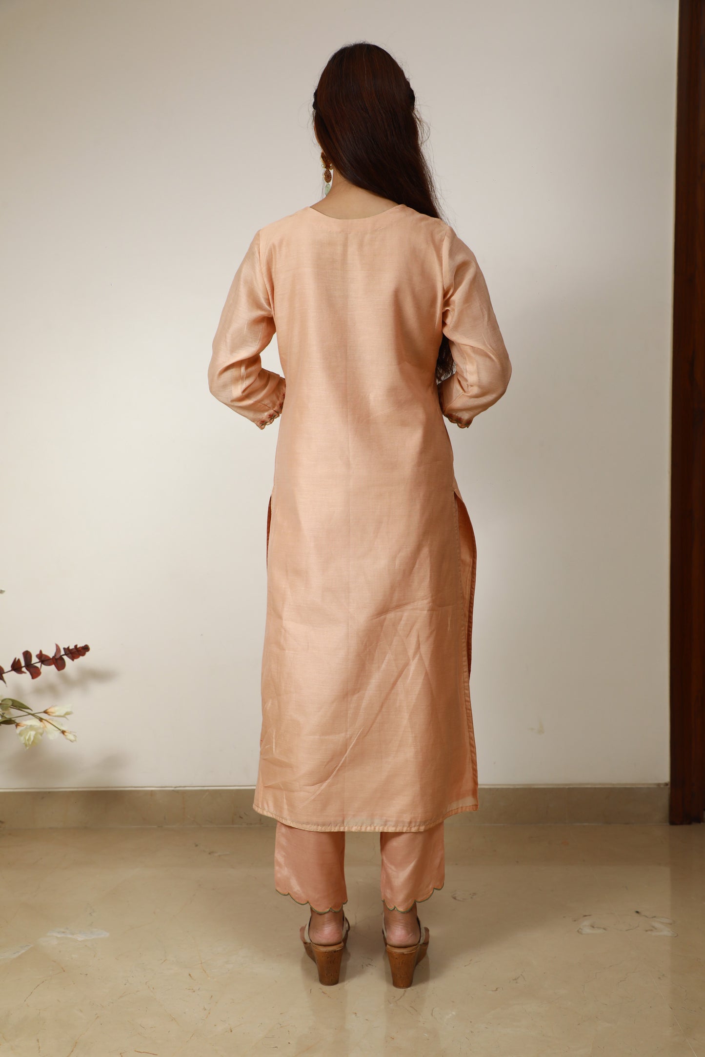 Light Peach chanderi suit with silk embroidery