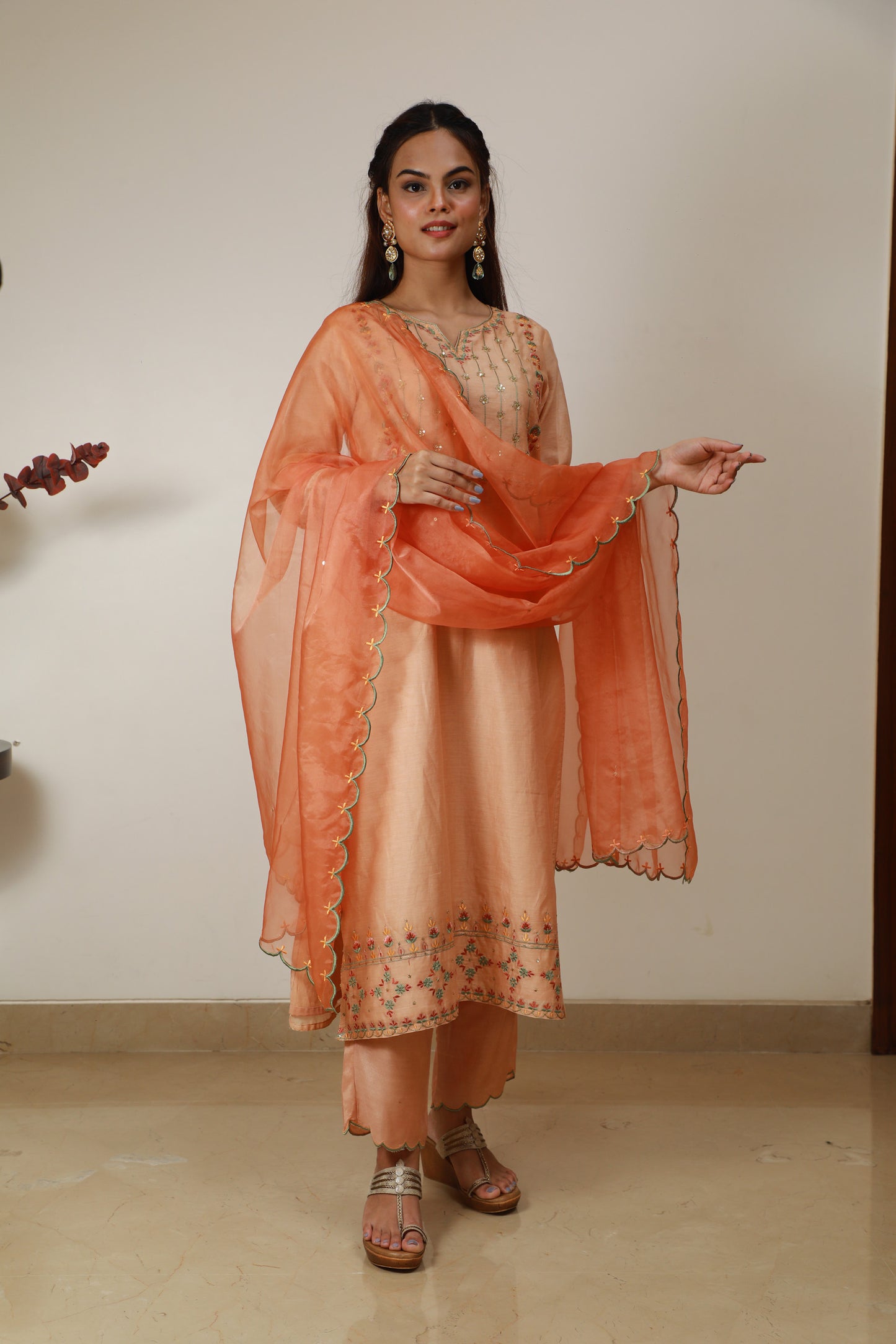 Light Peach chanderi suit with silk embroidery