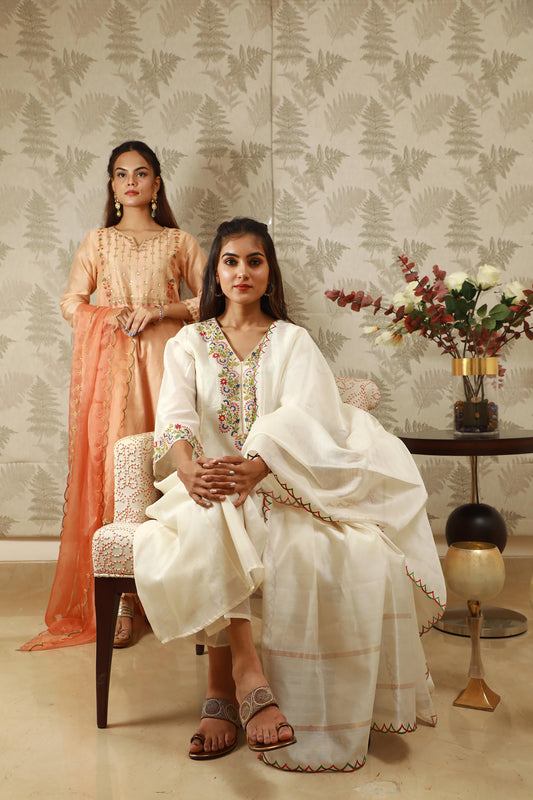 White Chanderi Floral Embroidered Suit Set-Set of 3