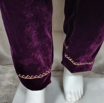 Wine color velvet zari Embroidered Kurta Pant
